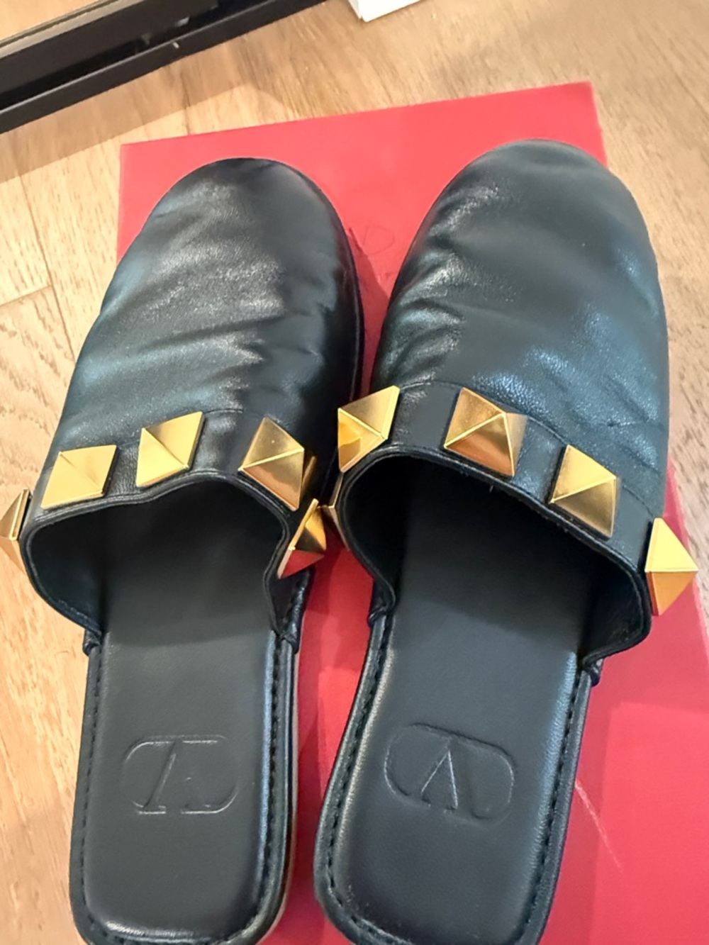 Valentino Black Leather Slides with Gold Pyramid Studs - Picture 3 of 4